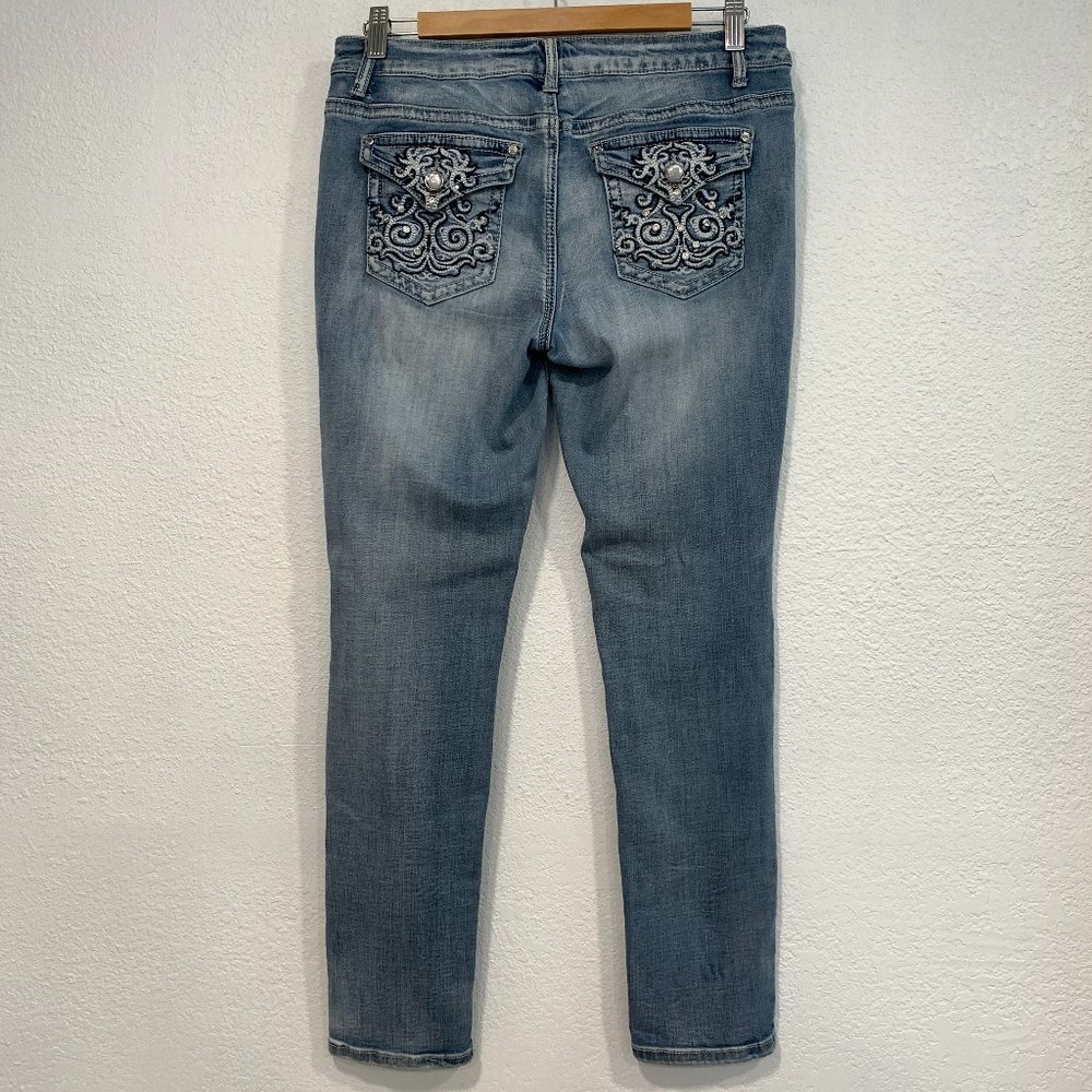 Project Indigo Skinny Jeans Rhinestone Detail Lt Blue Stretch 31x28 Women JRs 11